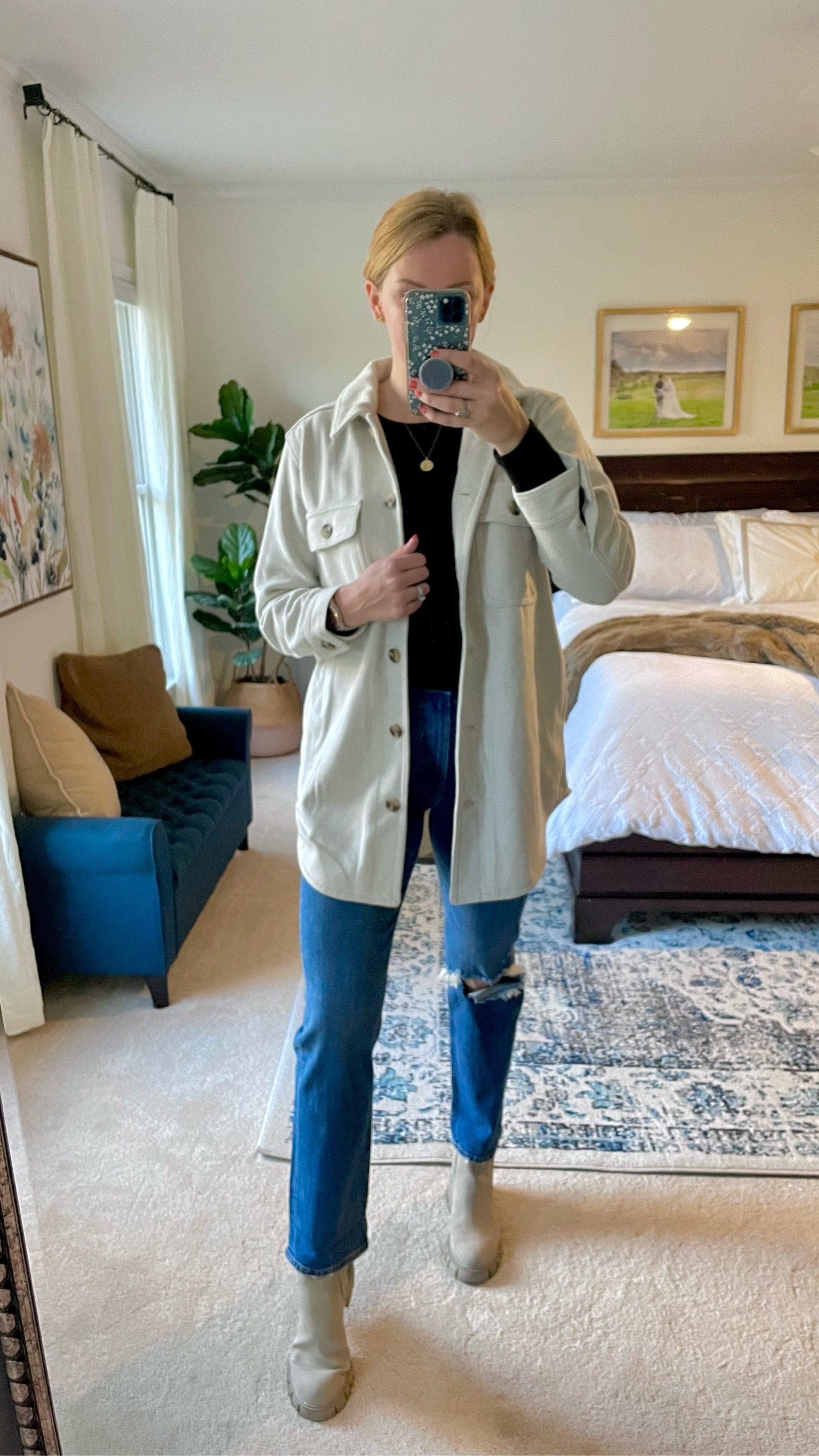 Shirt Jacket / Shacket in off white, cream, oatmeal color. Also comes in a rose color. Medium weight and not lined. Has pockets. Fits oversized. If you don’t need the sleeve length you could size down. Also comes in petite and tall sizes.

Soft, ribbed layering tee underneath in my normal size. Deal of the day for $7!!

High waisted straight leg jeans with cut out knee. Fit true to size but a little snug. 30% off for Black Friday!

Platform boots in griege color. Love these but they constantly sell out so I linked similar ones.

Fall or winter look, casual Thanksgiving week outfit, weekend outfit

#LTKSeasonal #LTKHoliday #LTKstyletip