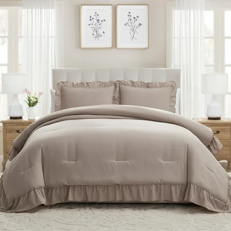 My Texas House Delphine 3-Piece Taupe Ruffle Comforter Set, Full/Queen | Walmart (US)