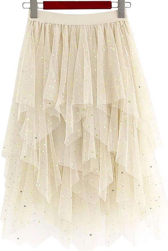 LBKKC Women's Tulle Skirt Formal High Low Asymmetrical Midi Tea-Length Elastic Waist Tutu Skirts | Amazon (US)
