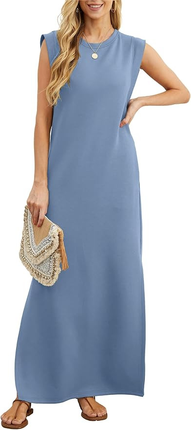 GRECERELLE 2024 Women Summer Crew Neck Casual Loose Split Wrinkle-Free Long Maxi Beach Dress with... | Amazon (US)