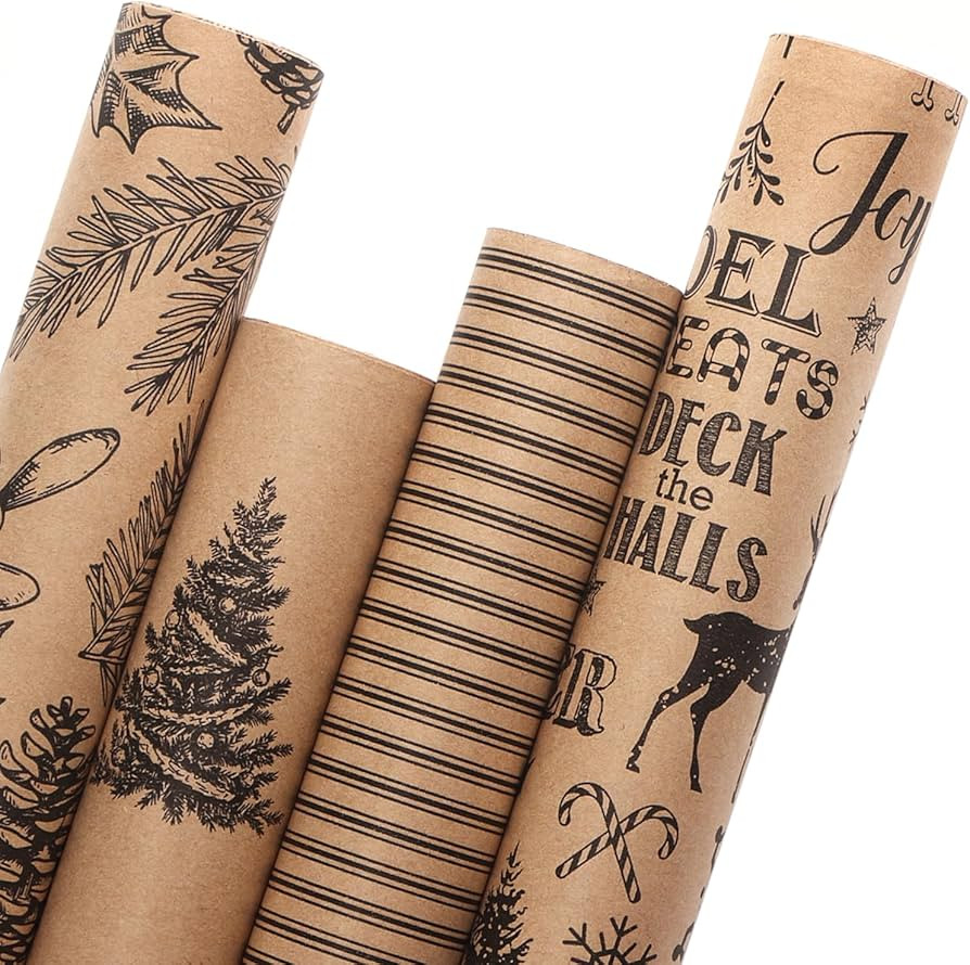 Ribbli Christmas Wrapping Paper, 4 Rolls Vintage Christmas Gift Wrapping Paper, Brown Kraft Paper... | Amazon (US)