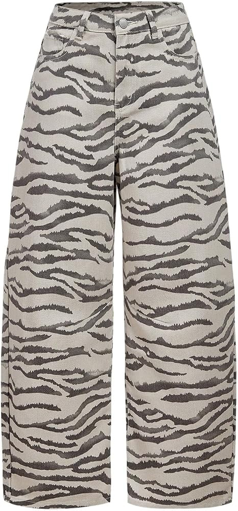 WDIRARA Women's Zebra Print Wide Leg Jeans High Waist Baggy Denim Pants with Pockets | Amazon (US)