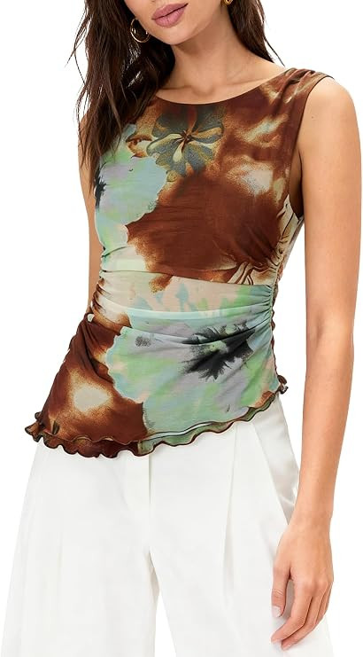 COCCKO Womens Floral Mesh Ruched Tank Top Summer Y2k Going Out Sleeveless Tops Casual Slim Fit Be... | Amazon (US)