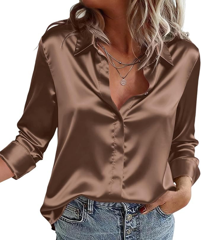 Zeagoo Satin Blouses for Women Casual Long Sleeve Button Down Silk Shirts Dressy Business Work Tu... | Amazon (US)