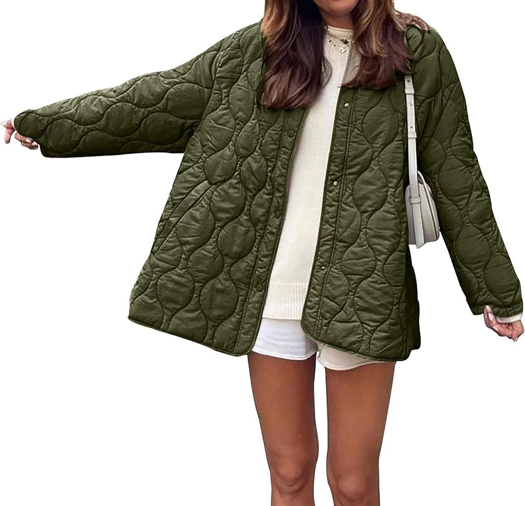 PRETTYGARDEN Women's Fall Fashion 2023 Quilted Bomber Jacket Casual Oversized Button Down Coat Ou... | Amazon (US)