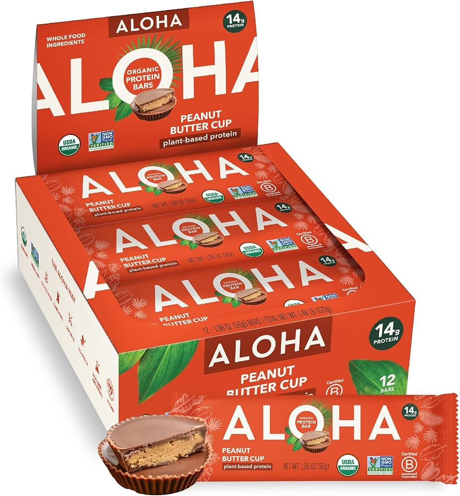 ALOHA Organic Plant Based Protein Bars - Peanut Butter Cup Bar - 12 Bars, Vegan, Low Sugar, Glute... | Amazon (US)