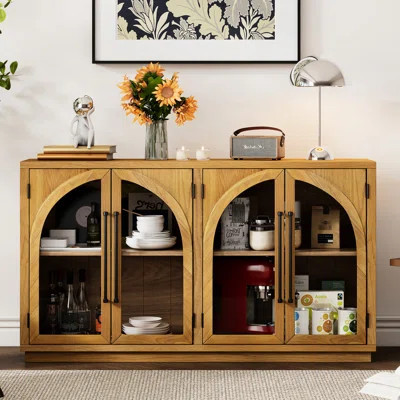 4-Door Sideboard Buffet Cabinet With Arched Glass, Adjustable Shelves, Retro Feel, Natural Wood, Ideal For Dining Glass And Aesthetic, Home | Wayfair North America