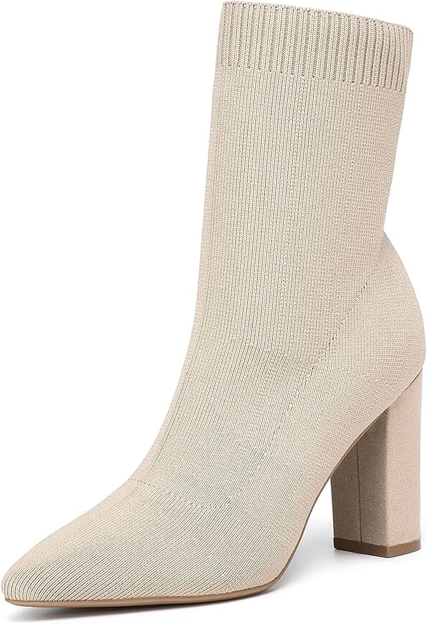 NEWBELLA Women's Pointed Toe Ankle Boots - Minimalist Chunky Heel Sock Booties, Stretch Knit Slim... | Amazon (US)
