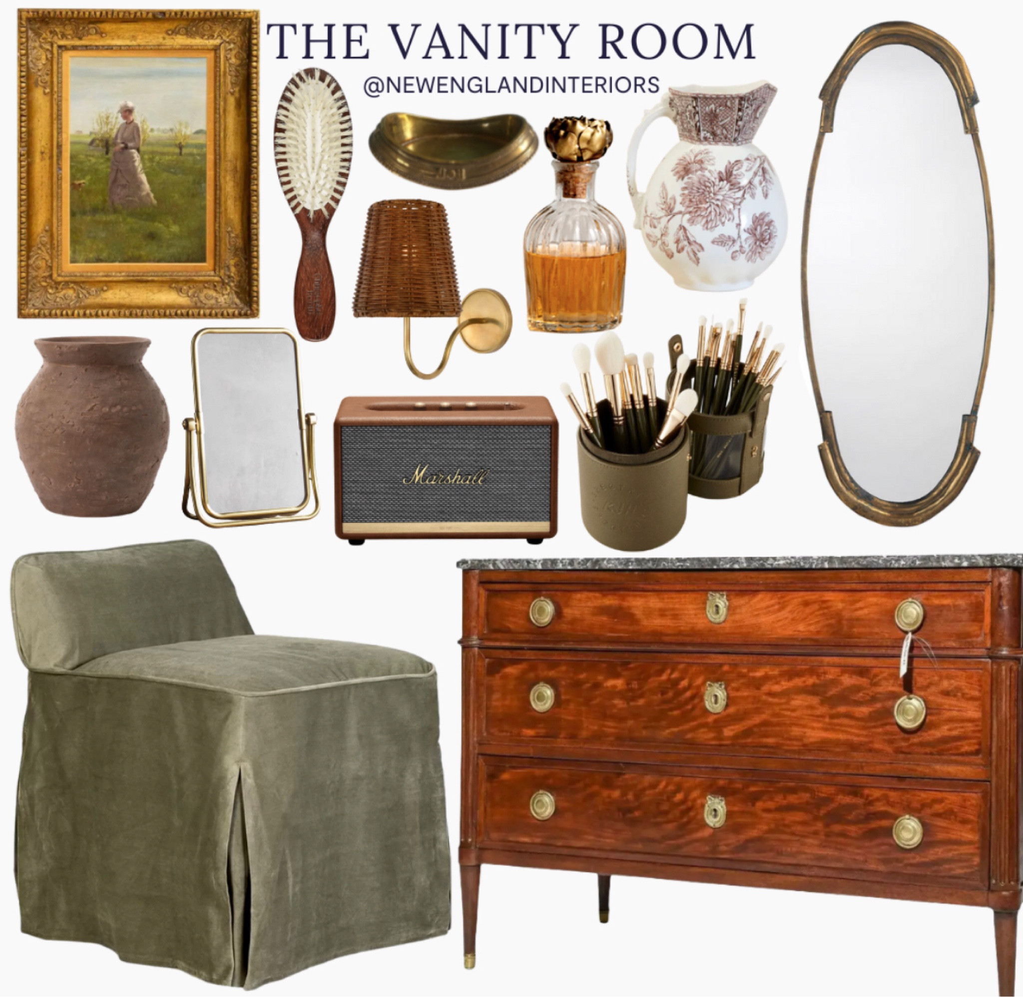 New England Interiors • The Vanity Room • Antique Wall Art, Commode, Chair, Mirrors, Vintage Perfume Bottle, Makeup Brushes, Bluetooth Speaker, Brush, Lighting, Accents. 💋💄

TO SHOP: Click the link in bio or copy and paste link in web browser 

#newengland #vanity #mua #makeupinspo #vintage #antique #perfume #homeinspo #interiordesign

#LTKbeauty #LTKhome