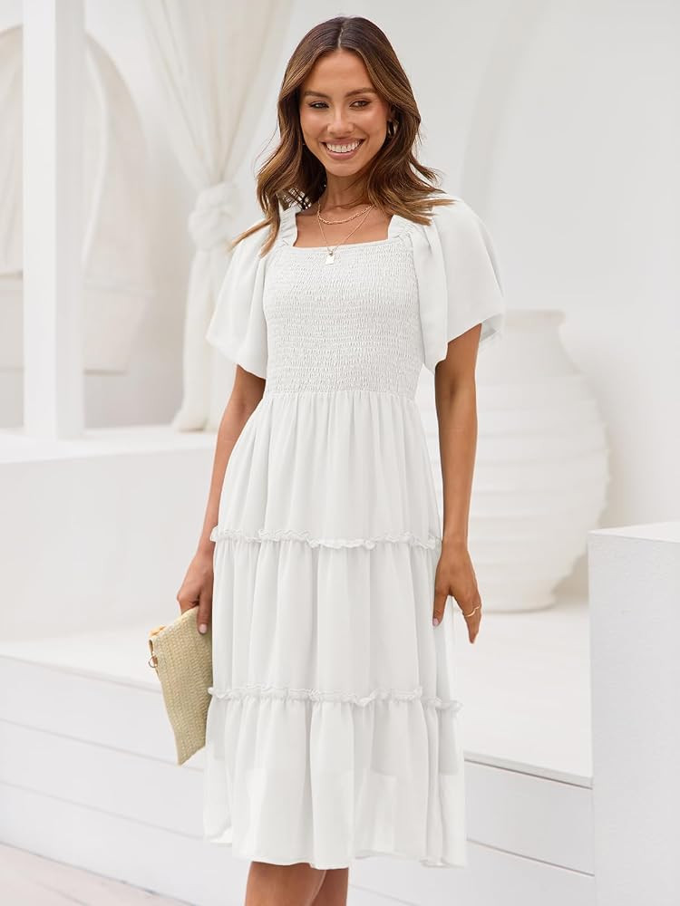 LILLUSORY Women's Summer Casual Flutter Sleeve Square Neck Smocked Midi Dress | Amazon (US)