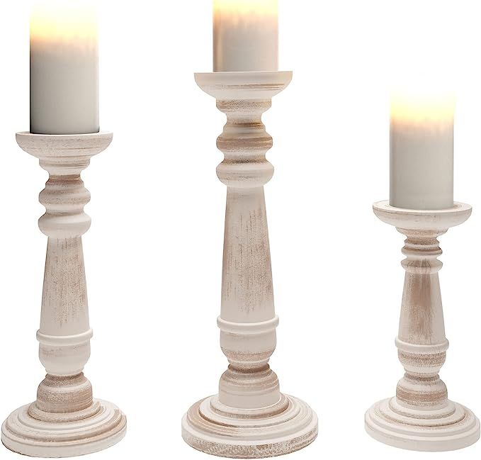 Barnyard Designs Rustic Pillar Candle Holder Stands, Tall Wood Candlestick Centerpieces for Table or | Amazon (US)