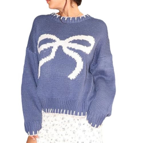 Womens Bow Sweater Y2k Knit Crew Neck Long Sleeve Shirt Vintage Drop Shoulder Pullover Jumper Oversized Contrast Trim Knitwear Going Out Top Grey Violet | Amazon (US)