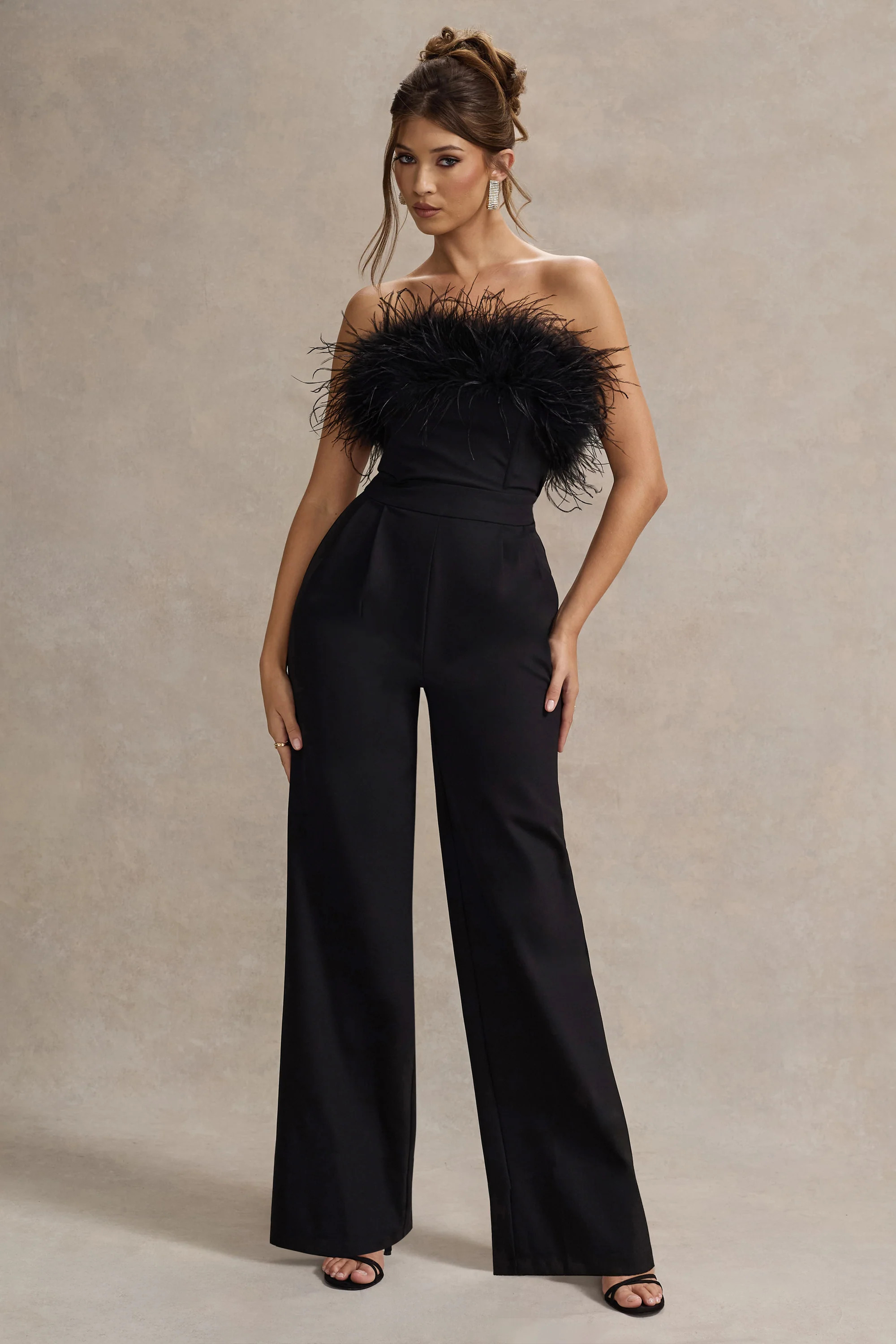 Delta | Black Feather Bandeau Wide-Leg Jumpsuit | Club L London