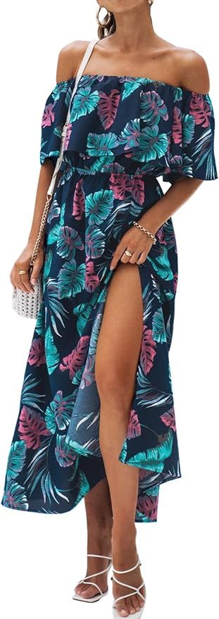 CUPSHE Women's Dresses for Summer A Line Dresses Off Shoulder Ruffle Maxi Tropical Printed Dress | Amazon (US)