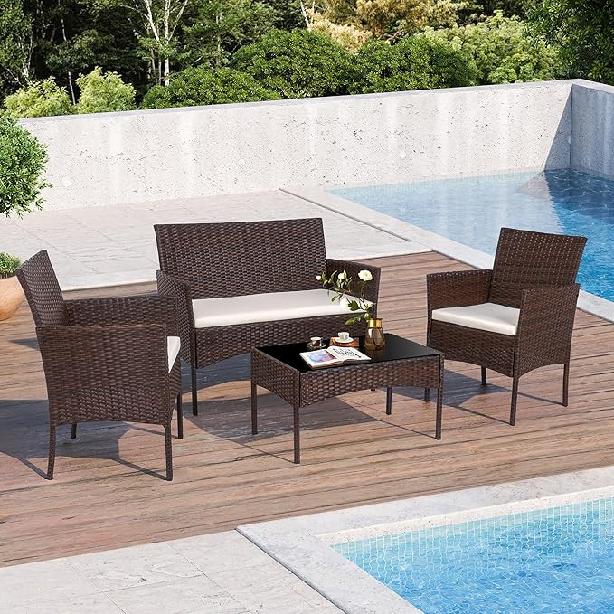 Shintenchi 4 Piece Outdoor Patio Furniture Set, Wicker Rattan Patio Conversation Set, Outdoor Cha... | Amazon (US)