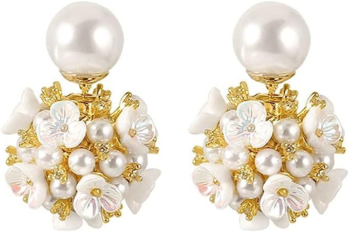 Shell Flower Pearl Earrings Ball Pearl Double Sided Stud Front Back Earrings for Women Girls 14k ... | Amazon (US)