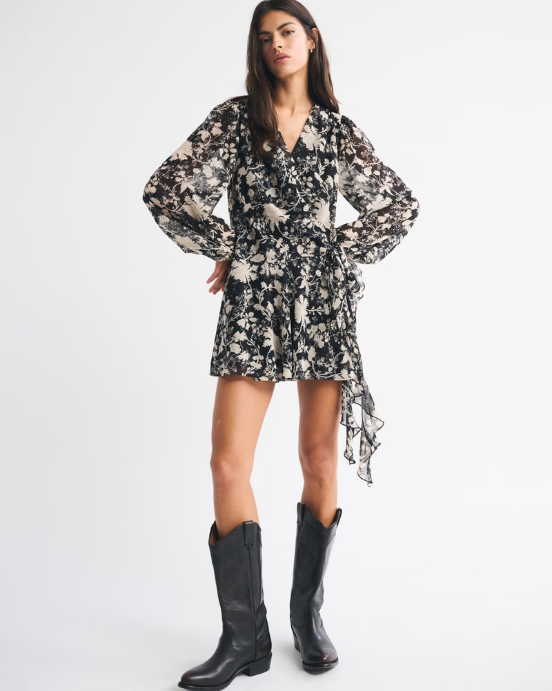 Women's Long-Sleeve Plunge Wrap Mini Dress | Women's Dresses & Jumpsuits | Abercrombie.com | Abercrombie & Fitch (US)