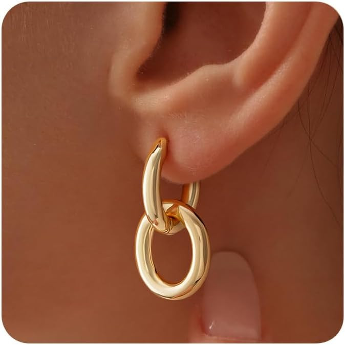 Gold Hoop Earrings for Women 14K Gold Plated Simple Dangle Drop Earrings Dainty Huggie Earrings J... | Amazon (US)