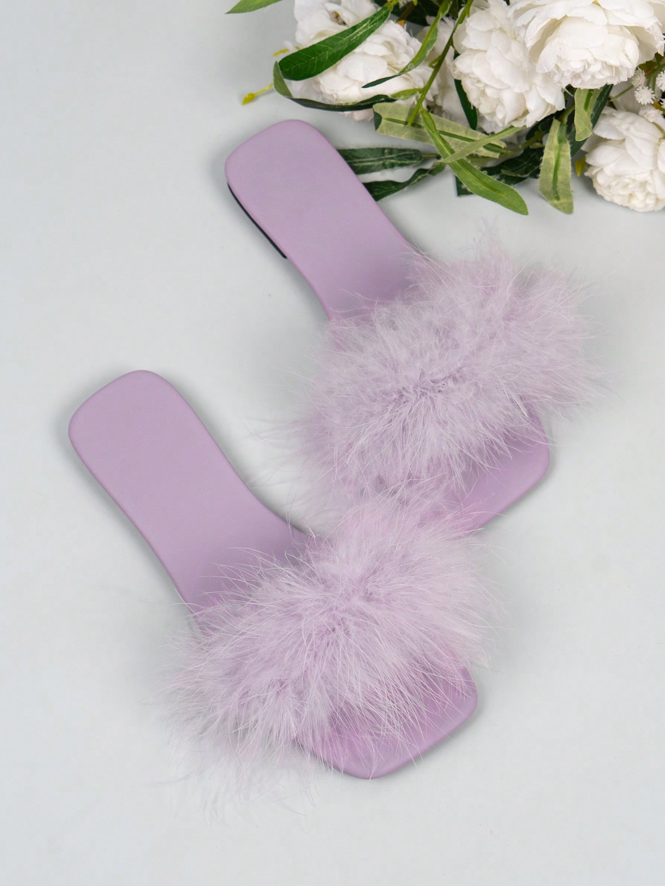 Women Square Toe Faux Fur Flat Sandals, Fashion Party One-Strap Slides Slippers, Sexy Wear With D... | SHEIN