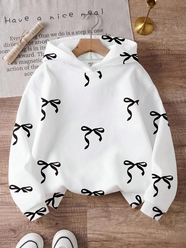 Sparklyn Back To School Girls Hollow Line Bow Print Hooded Sweatshirt, Fall Clothes Winter | SHEIN