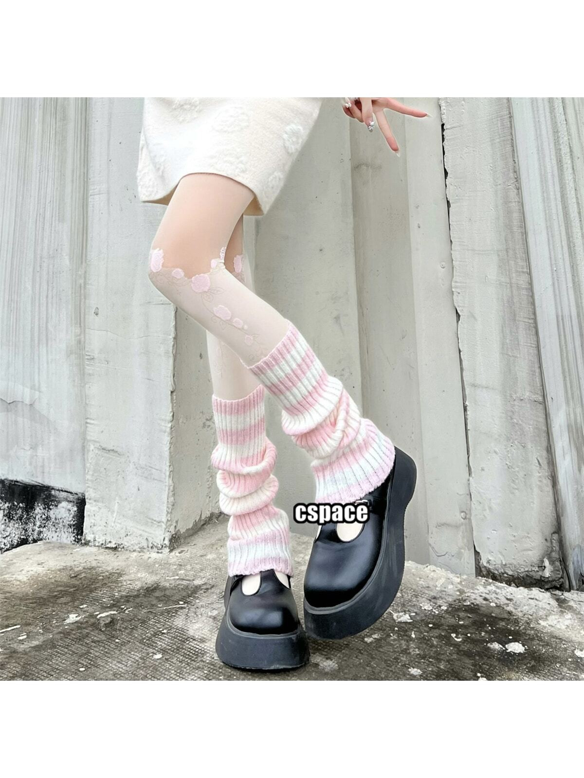 Harajuku Style Women's Knitted Striped Leg Warmers With Pile Lining, Knee High Length, Autumn & W... | SHEIN