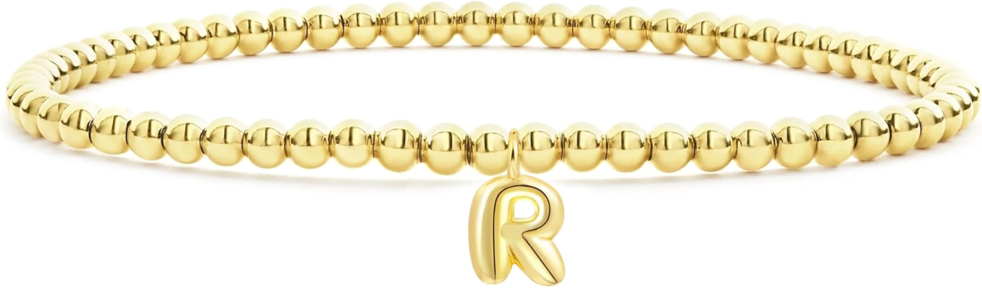 CONRAN KREMIX Gold Initial Bracelets For Women Girls Bubble Balloon Letter Charm Stretch Beaded B... | Amazon (US)
