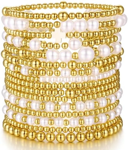 Gold Plated Bead & Pearl Bracelets for Women, 16PC Stackable Stretch Set | Amazon (US)