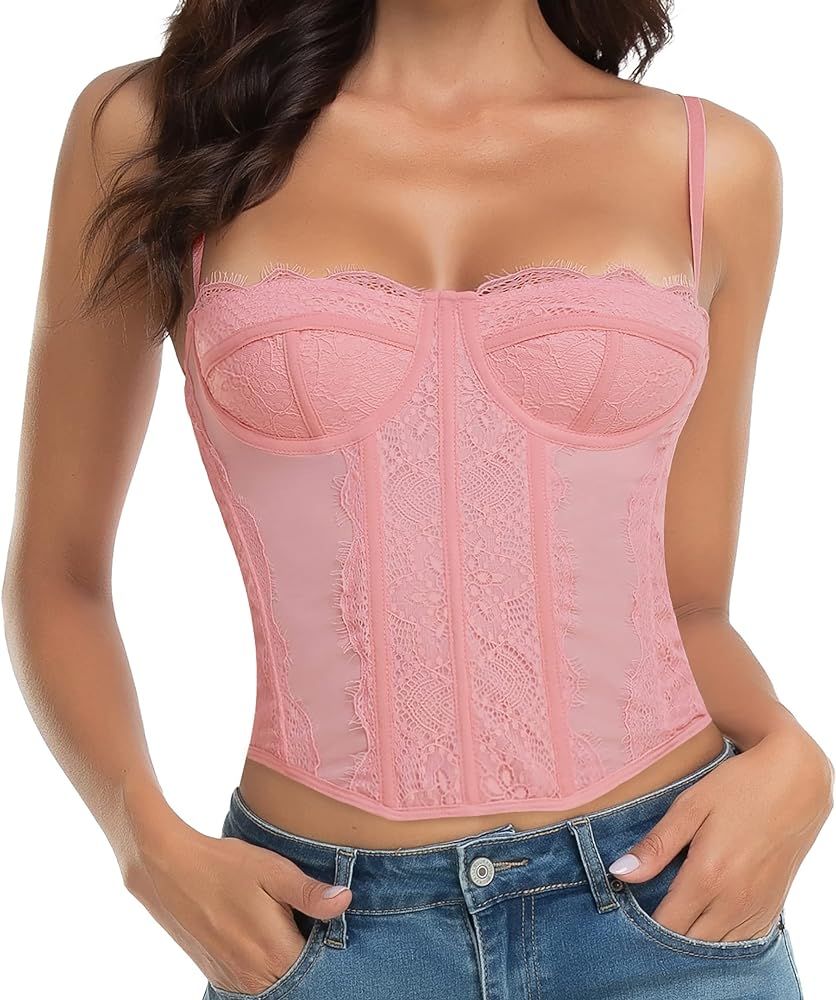 Raxnode Lace Bustier Corset Tops for Women - Sexy Going Out Party Club Top with Buckle | Amazon (US)