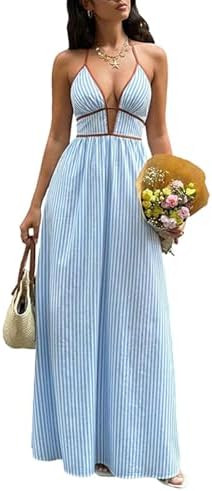 Women Sleeveless Long Dress Halter Deep V Neck Dresses Backless Striped Print Dresses Summer Cock... | Amazon (US)