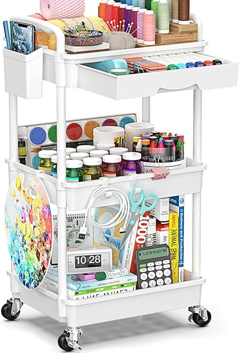 3 Tier Rolling Cart with Drawer, Bathroom Storage Organizer with 2 Lockable Wheels, Multifunction... | Amazon (US)