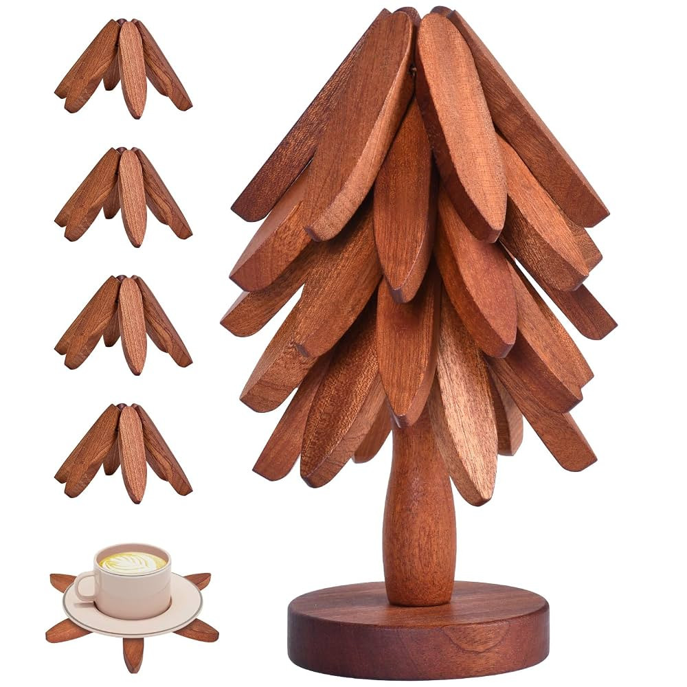 Christmas Tree Coasters - Wooden Trivets for Hot Dishes, Tree Shape Set - 5 Walnut Wood Trivets +... | Amazon (US)