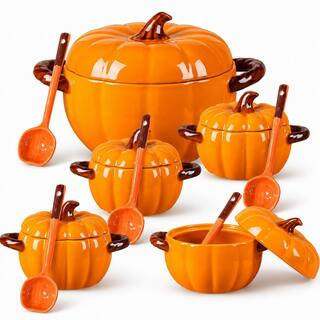 17 fl. oz. & 54 fl. oz. Ceramic Pumpkin Bowls w/ Lid and Spoon for Thanksgiving, Halloween Party, Decoration, (Set of 5) | The Home Depot