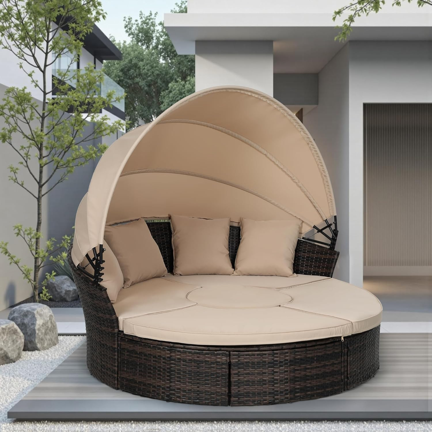Incbruce Patio Round Daybed with Retractable Canopy, Black Wicker Rattan Sectional Sofa Furniture... | Amazon (US)