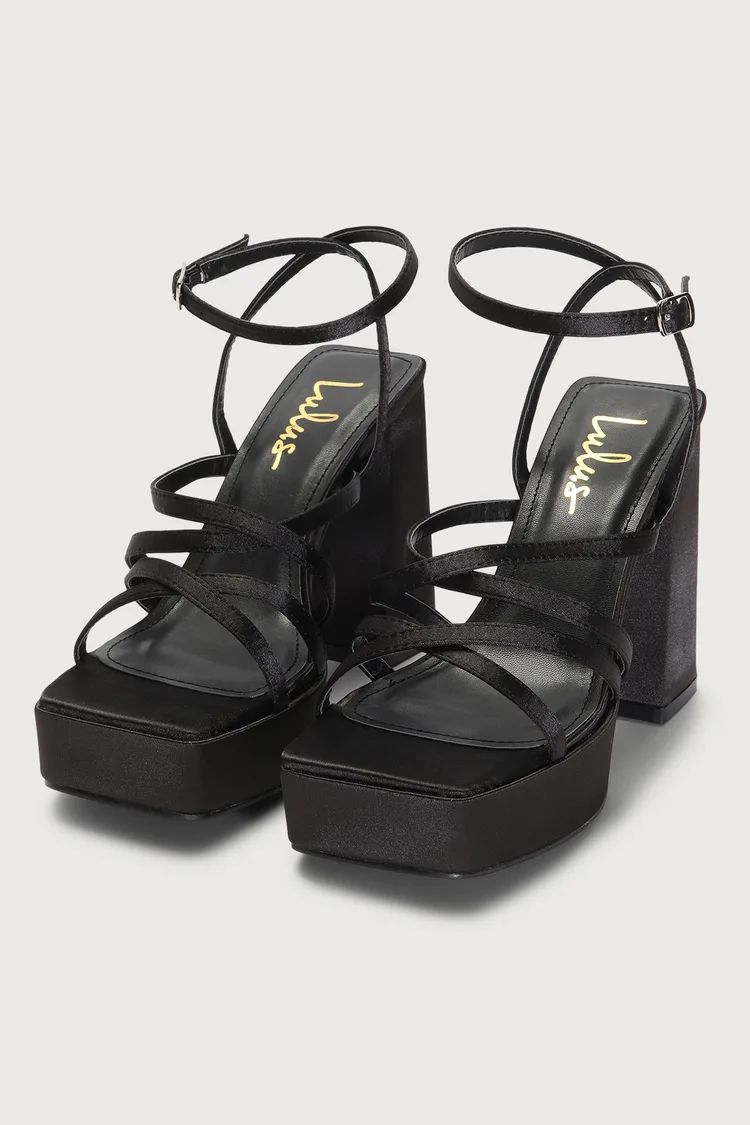 Kelsiey Black Satin Platform Ankle Strap Heels | Lulus