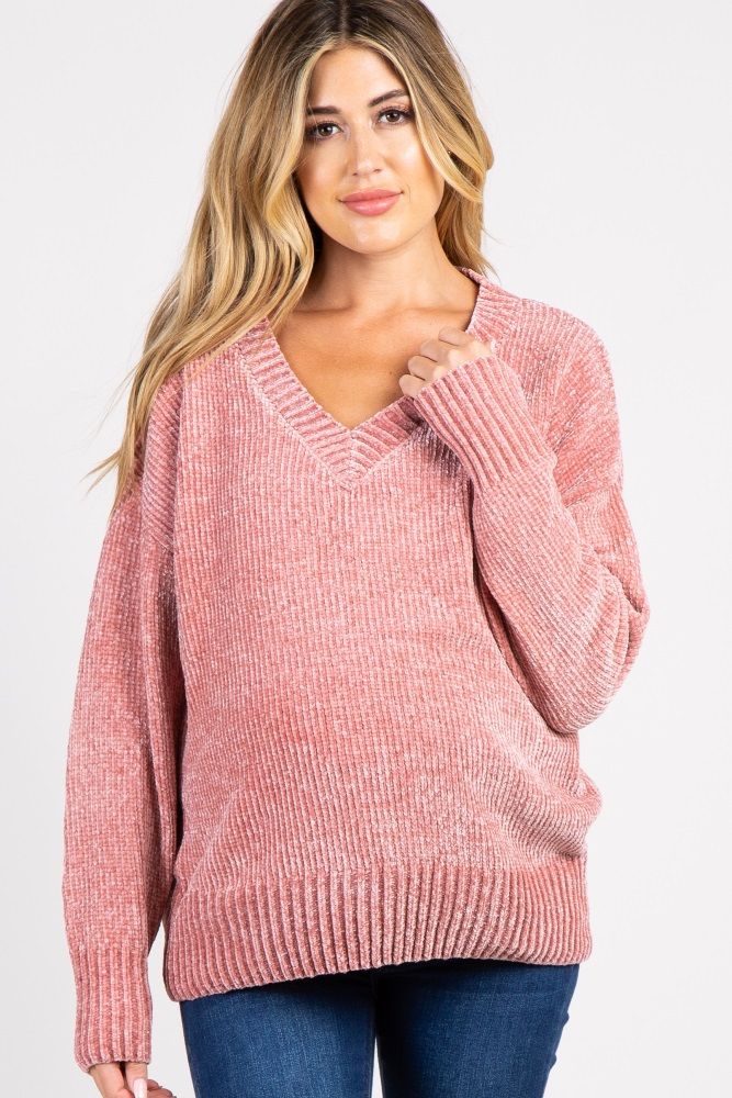 Pink Chenille Knit V-Neck Maternity Sweater | PinkBlush Maternity