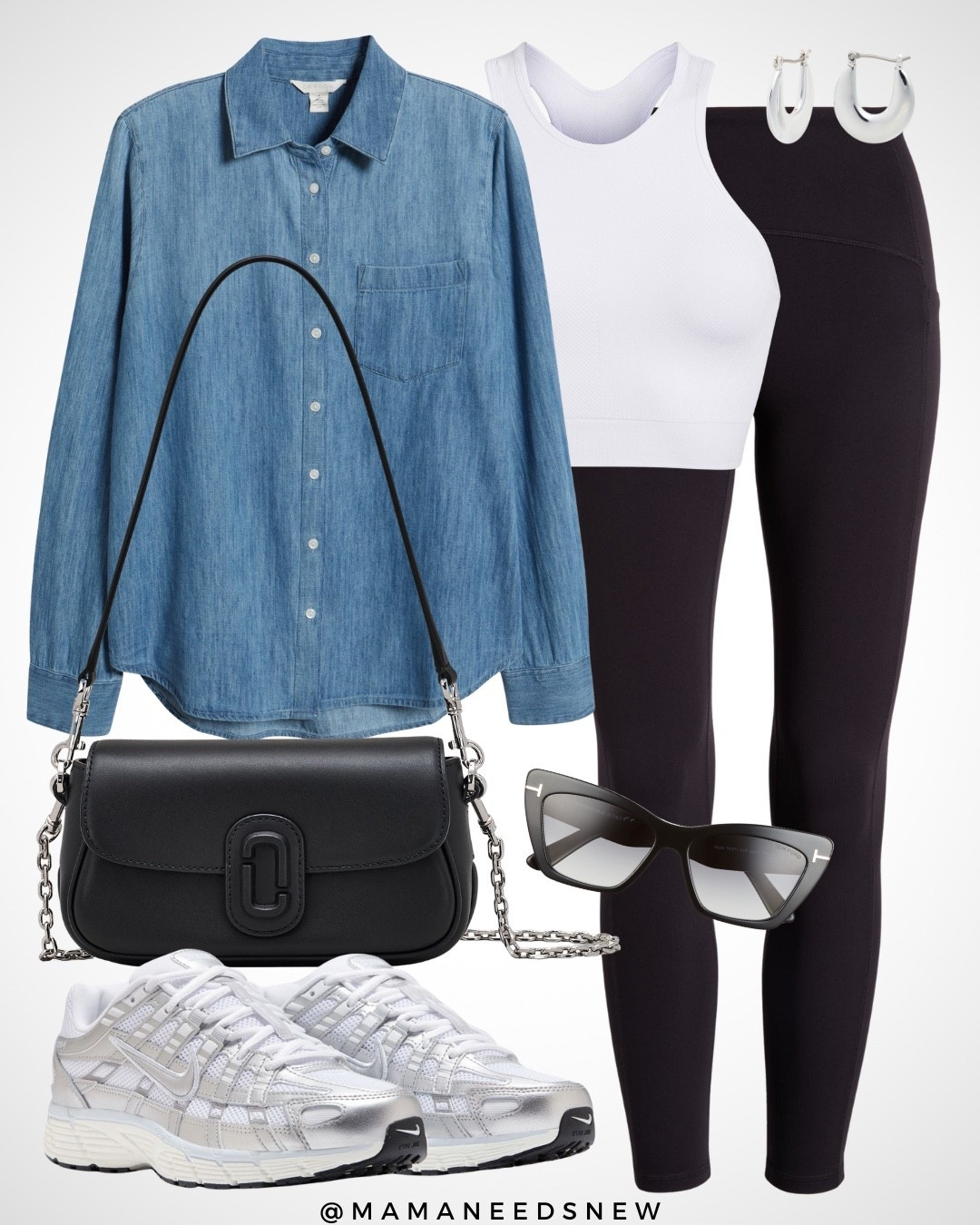 A casual summer / fall transitional outfit with a denim shirt, leggings, sports bra crop top, sneakers, shoulder bag 💙

#LTKShoeCrush #LTKSaleAlert #LTKStyleTip