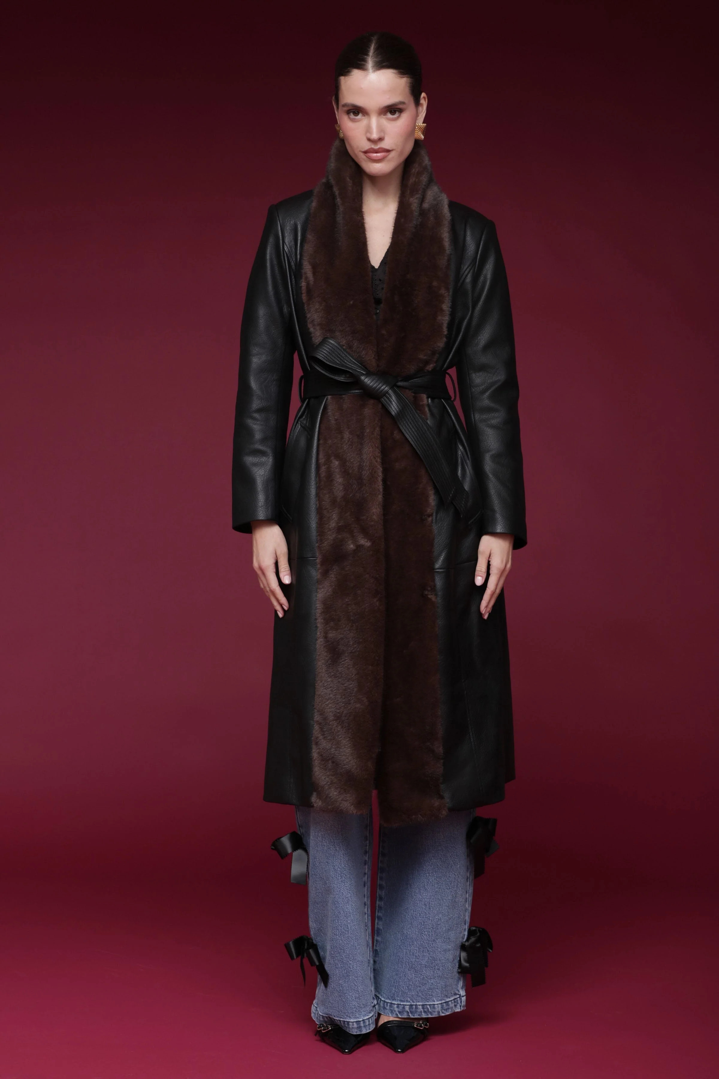 Faux Fur Trimmed Faux Leather Wrap Coat | Avec Les Filles