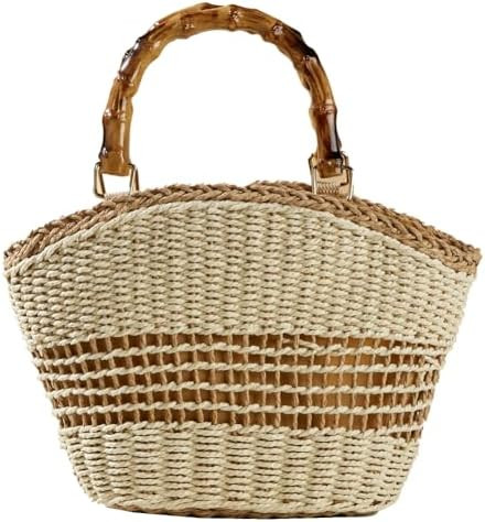 Bamboo Handle Straw Tote Bags for Women Woven Paper Straw Purses Top-hanlde Summer Beach Bag | Amazon (US)