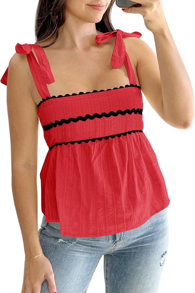 Tankaneo Womens Cute Tank Tops Summer Casual Peplum Babydoll Square Neck Tie Strap Backless Shirt... | Amazon (US)