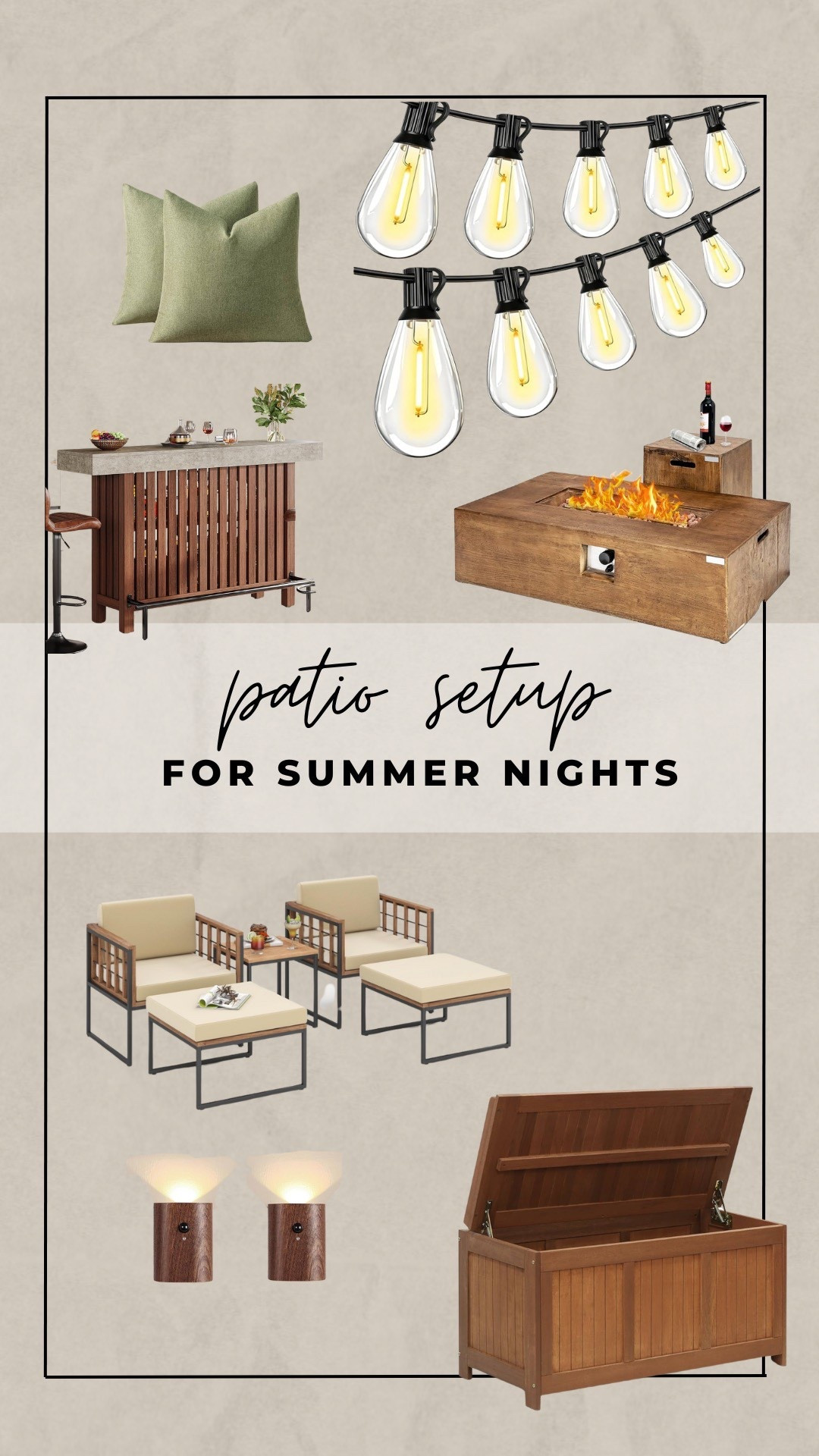 Patio setup for the dreamiest summer nights ✨🌙 cozy lighting, comfy seating, and all the little touches that make you want to stay outside forever

#patiosetup #patiodecor #outdoorliving #summernights #backyardvibes #outdoorinspo #cozyoutdoor #stringlights #backyarddecor #homeinspo #homedecor #summerhome #outdoorentertaining #patioseason #eveningvibes #cozyhome #hostingessentials #aestheticspaces #ltkhome #ltkfinds #amazonhome #amazonfinds