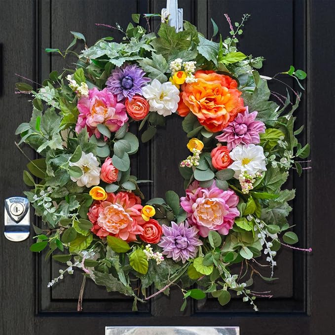 Spring Wreath 26 Inch Spring Wreaths for Front Door with Peony, Dahlia, and Rose, Beautiful Summe... | Amazon (US)
