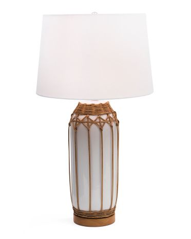 Rattan And Ceramic Table Lamp On Wood Base | TJ Maxx