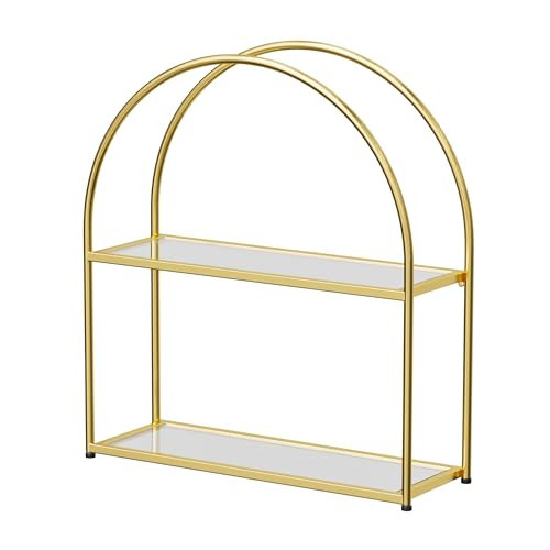 Crofy Gold Arched Frame Wall Shelf, Decorative 2 Tier Bathroom Wall Shelf with Transparent Tempered Glass Shelves and Robust Storage Capacity, 6" D x 17.9" W x 19.18" H | Amazon (US)