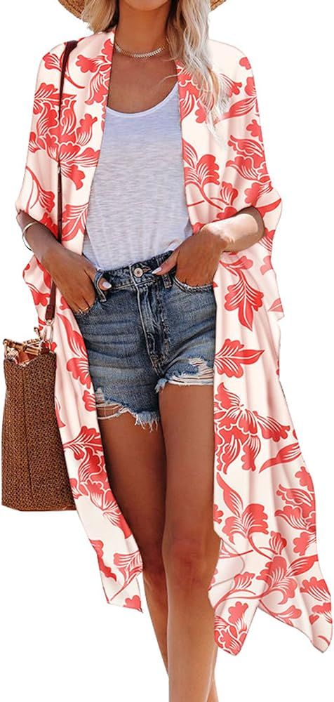 Hibluco Women's Summer Chiffon Floral Kimono Cardigan Long Swimwear Cover Ups | Amazon (US)