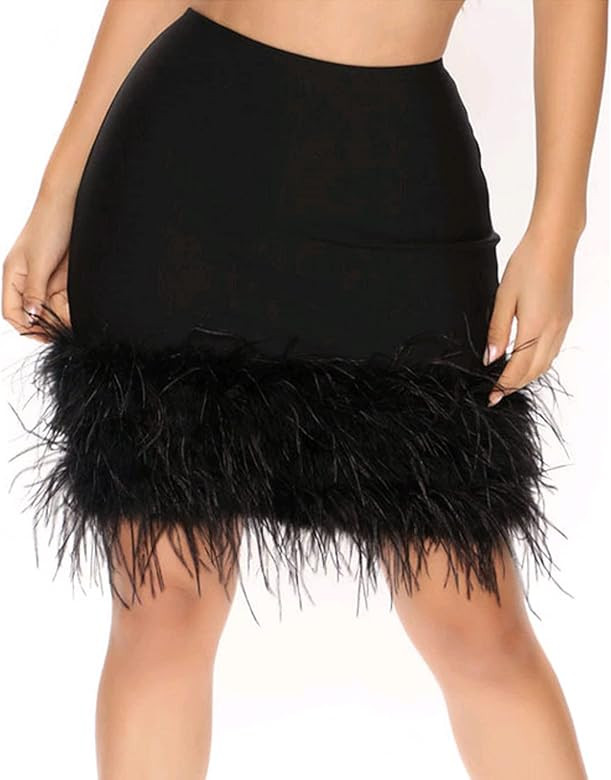 RARITYUS Women's Sexy Feather Trim Mini Skirt Furry Faux Fur High Waisted Bodycon Pencil Skirt fo... | Amazon (US)