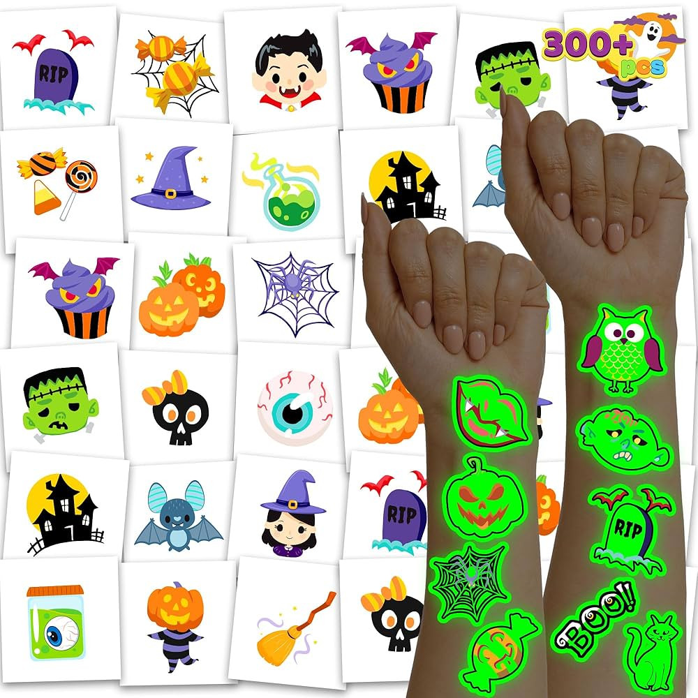 JOYIN 306 Pcs Halloween Tattoos for Kids, Glowing Temporary Tattoos in Assorted Designs Bulk for ... | Amazon (US)
