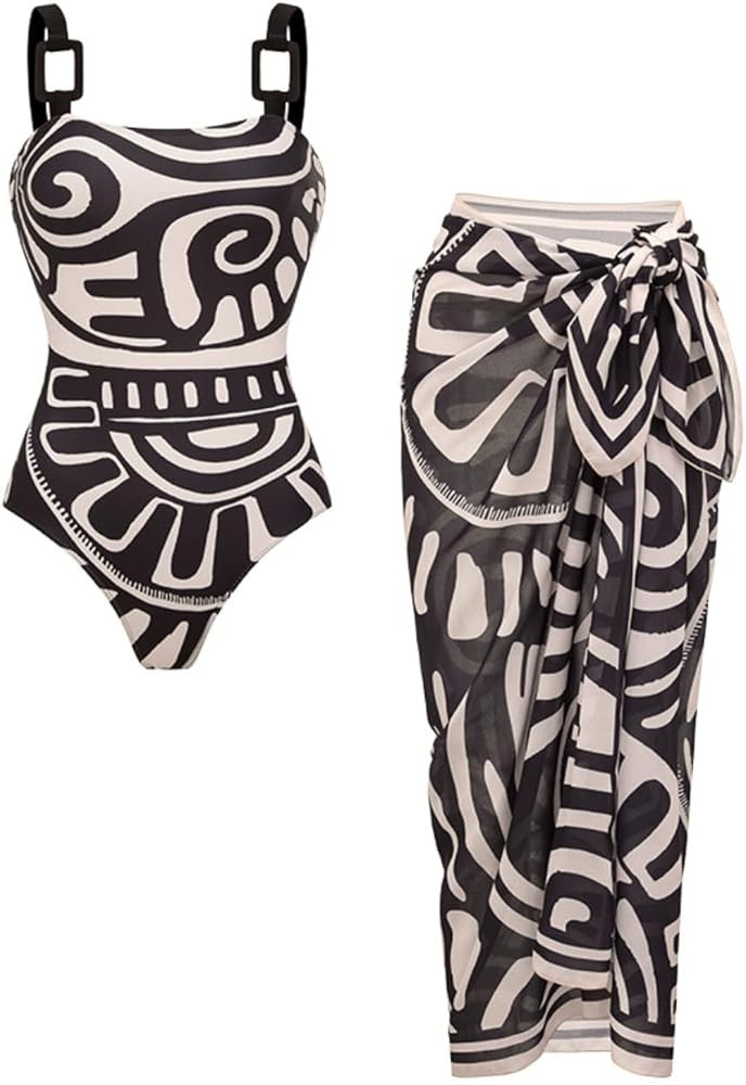 FLAXMAKER Womens Bathing Suits Adjustable Shoulder Straps Black Tribal Print Swimsuit and Skirt | Amazon (US)