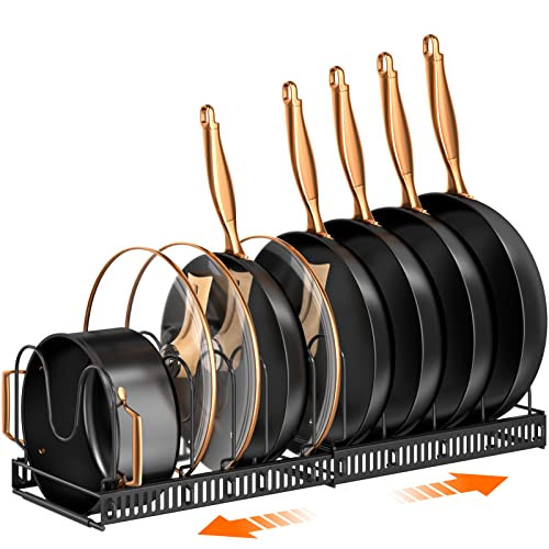 MUDEELA Pots and Pans Organizer Rack for under Cabinet, Expandable 11.81''-22.85'' Pot Lid Kitchen Cabinet Organizer Holder with 10 Adjustable Compartment Cutting Board Organizer for Pan Lid, Bakeware | Amazon (US)