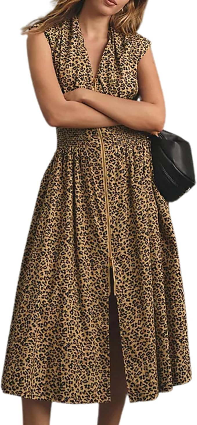 YEMOCILE Womens Leopard Print Zip Midi Dress Sleeveless Smocked High Waist Flowy Dresses Casual A... | Amazon (US)