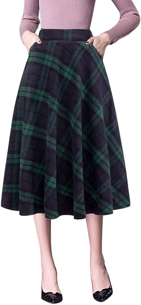 IDEALSANXUN Womens High Elastic Waist Maxi Skirt A-line Plaid Winter Warm Flare Long Skirt | Amazon (US)